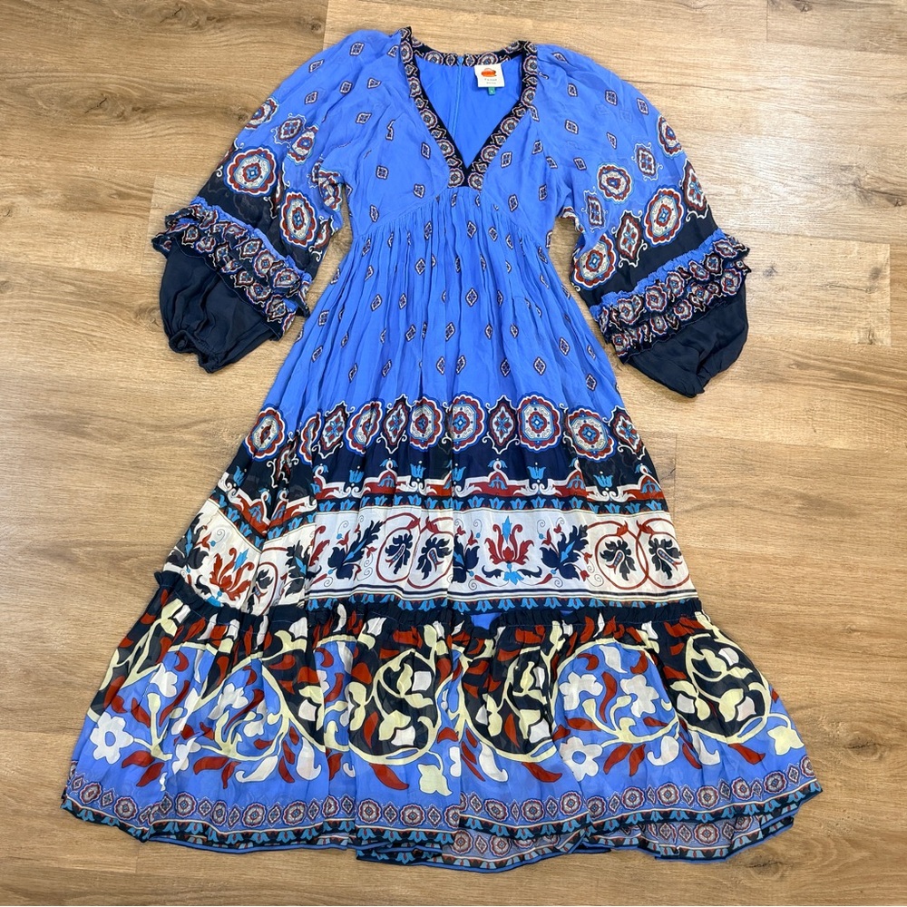 FARM Rio Anika Tiles Long Sleeve Blue Maxi Dress